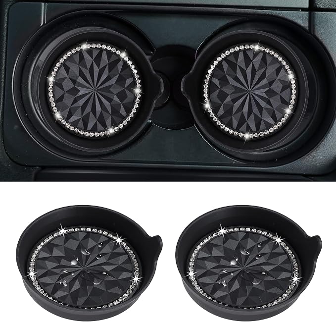 Car Cup Coaster Universal Non-Slip Cup Holders Bling Crystal Rhinestone Car Interior Accessories 2 Pack Black Flower