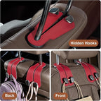 CoBak Purse Hook for Car - Universal Premium Stitched Leather and Aluminum-Magnesium Alloy Double Car Seat Back Storage Hook for Purses, Handbags, Bags (2 Pack),Carbon Red