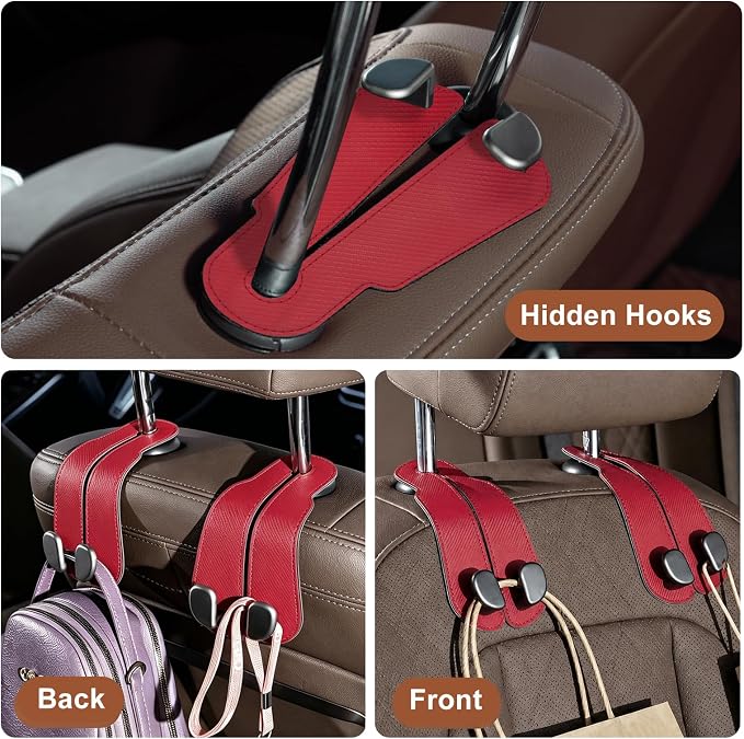 CoBak Purse Hook for Car - Universal Premium Stitched Leather and Aluminum-Magnesium Alloy Double Car Seat Back Storage Hook for Purses, Handbags, Bags (2 Pack),Carbon Red