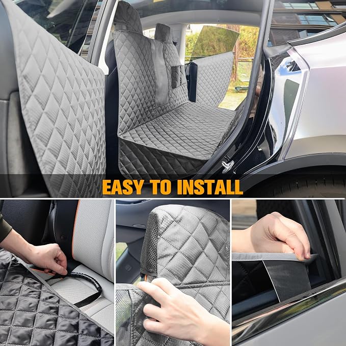Dog Seat Covers for Tesla Model 3 & Y Back Seat with 2 Pack Door Protectors, 100% Waterproof Dog Hammock for Tesla with Mesh Window & Headrest Protection Prevents Scratches and Scuffs (Gray)