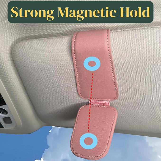 CHOSMOYI Magnetic Leather Sunglass Holder for Car, Sunglasses Clip for Car Visor, Auto Interior Accessories Universal for Different Size Eyeglasses(Pink)