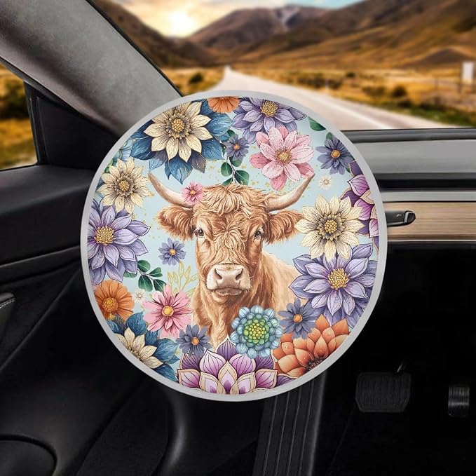 Boho Steering Wheel Sun Shade Cover Keep Cool in The Heat, Highland Cow Steering Wheel Sun Block Anti-Heat Aluminum Foil Steering Wheel Cover for SUV Truck Van Sedan