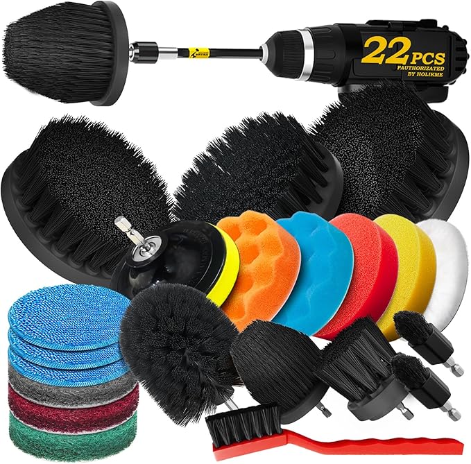 22Pack Drill Brush Attachments Set, Scrub Pads & Sponge, Buffing Pads, Power Scrubber Brush, Car Polishing Pad Kit,Wax Applicator Pad,Car Cleaning Kit，Cleaning Supplies，Masonry Brushes,Black