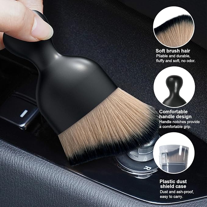 Car Detailing Brush, Curved Soft Bristles Auto Removal Dust Collectors, Universal Vehicle Dashboard, Air Conditioner Vents etc Interior Cleaning Tool Accessory (Brown/Black)