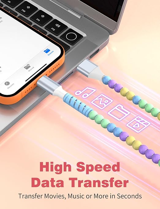 USB A to USB C Cable 6FT,Beaded Charger Cord for iPhone 17 16 Pro Max 17e 15 Car play,Type C Cute Car Charger Cord for iPad 10 11th A16/Samsung S26 S25 S24 S23 FE/Android Phone Girls Women,BlueYellow