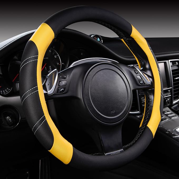 Line Rider Microfiber Leather Sporty Steering Wheel Cover Universal Fits for 95% Truck,SUV,Cars,14.5-15inch Anti-Slip Safety Comfortable Desgin (Black-Yellow)