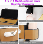 Back Seat Car Organizer, 4+2 in 1 Multifunctional Car Backseat Storage Box with 3 Cup Holders Tissue Box Hook, Car Interior Storage for Travel Phones Snacks Drinks(Brown)