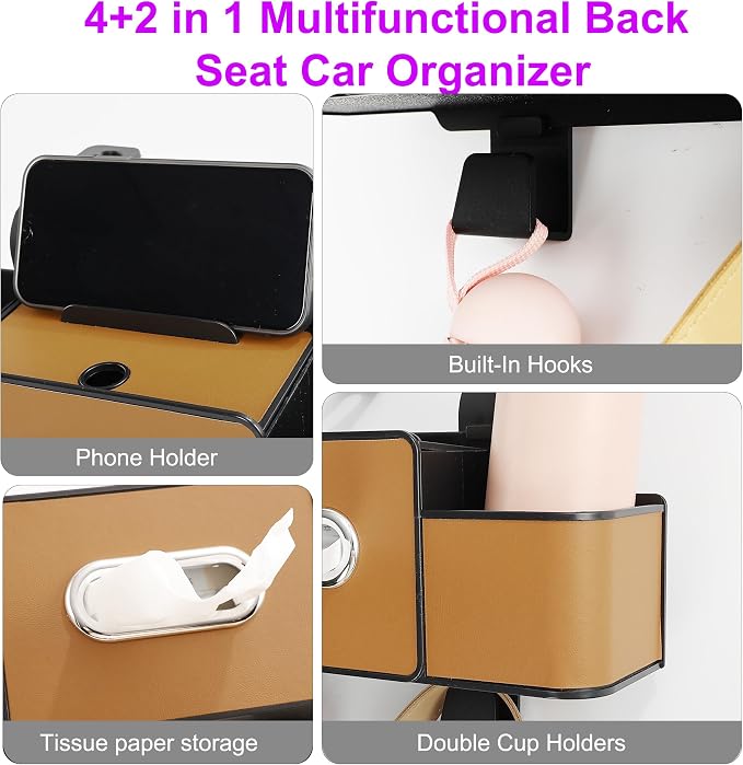 Back Seat Car Organizer, 4+2 in 1 Multifunctional Car Backseat Storage Box with 3 Cup Holders Tissue Box Hook, Car Interior Storage for Travel Phones Snacks Drinks(Brown)
