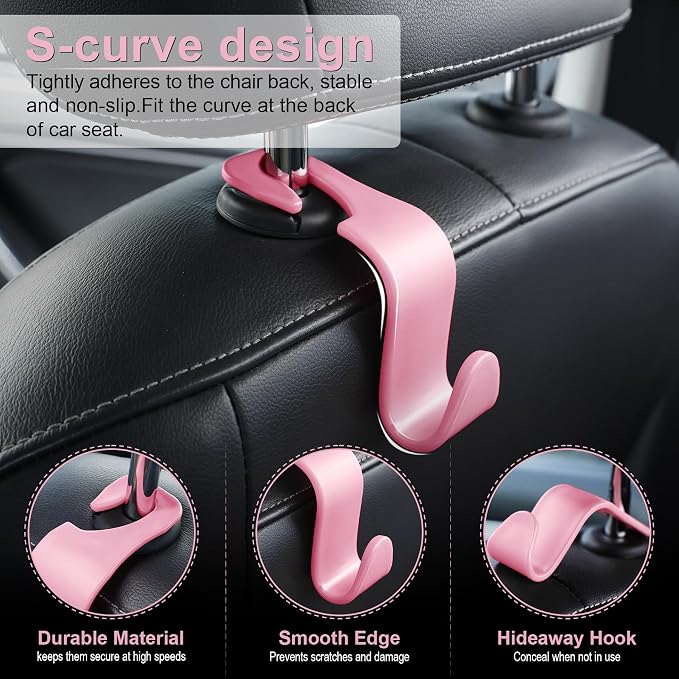 Car Seat Headrest Hook, Auto Seat Hook Hangers Storage Organizer Interior Accessories for Purse Coats Umbrellas Grocery Bags Handbag, 4-Pack - Pink