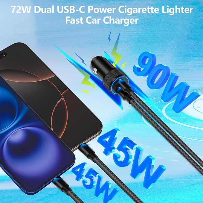 [Apple MFi Certified] iPhone 17 Car Charger, 90W USB C Car Charger Dual PD Power Cigarette Lighter Adapter with 2Pack Type C Braided Cable for iPhone 17/17 Pro Max/16/15/Galaxy S26/S25/Pixel