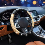 Black and Gold Steering Wheel Cover, Auto Cute Diamond Bling Soft Comfort Leather Car Interior Accessories Protector Sparkly Fit Most O-Shaped Steering Wheels