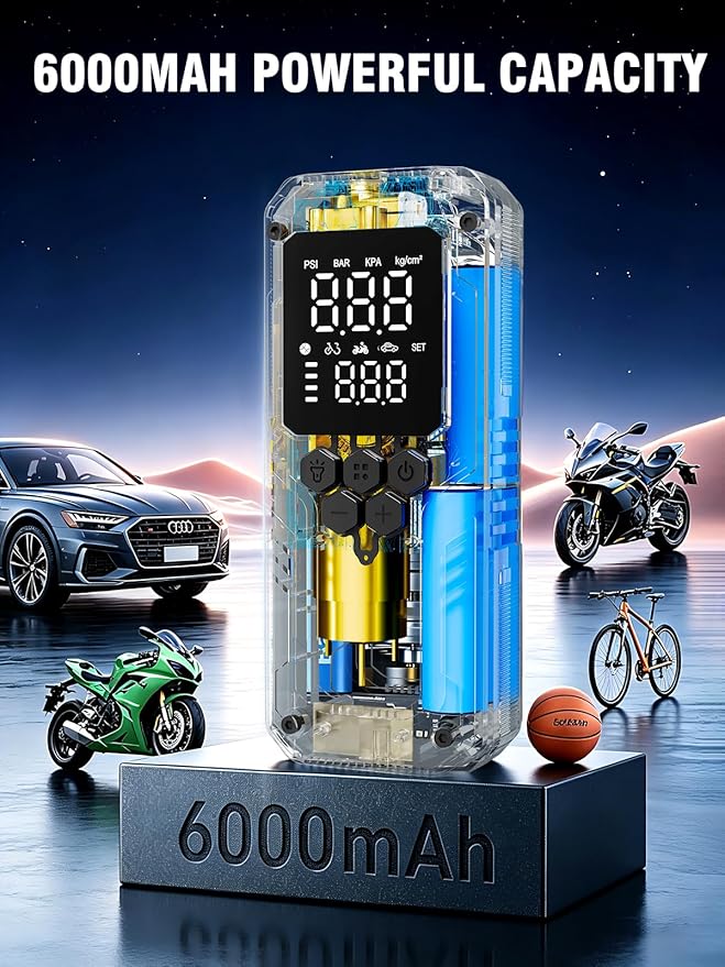 Tire Inflator Portable Air Compressor, 5X Faster Air Pump for Car Tires with Powerful Battery, 12V DC & Autostop, 150PSI Cordless Tire Pump for Car, Motorcycle, Bike, Balls