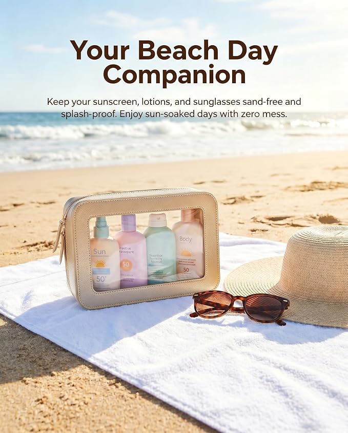 Sunscreen Bag Clear Makeup Toiletry Pouch Beach Vacation Essentials for Women Teen Girls Trip Gifts Summer Pool Travel Must Have Accessories Waterproof StuffClear-Golden