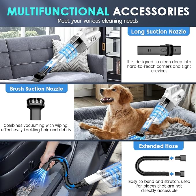Handheld Vacuum Cordless, 15000PA Strong Suction Hand Held Car Vacuum Cleaner Portable with Multi-Nozzles & Washable Filter, Lightweight Rechargeable Vacuum Cleaner for Home, Car, Office, Pets