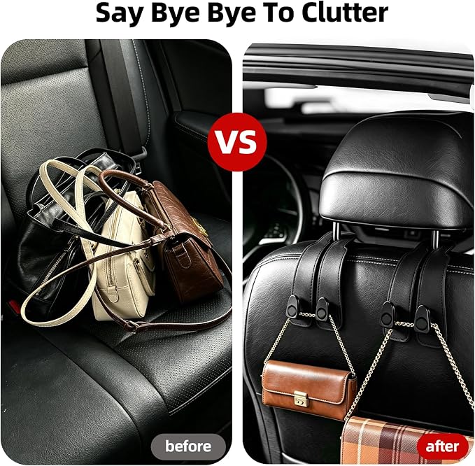 Car Purse Hook 2 Pack Headrest Hooks for Car, Luxurious Leather Material, Seat Back Storage Hook Multifunctional Car Seat Hooks Keep Car Tidy (Black)