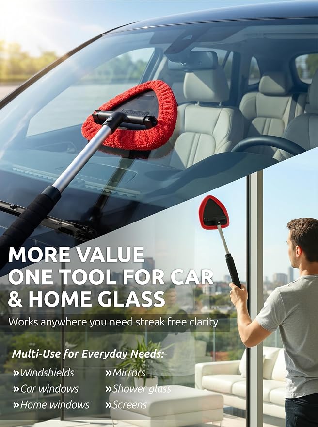 Window & Windshield Cleaner, Extendable, 3 Microfiber Pads (Red) | Pivoting Triangle Head Wiper Cleans Interior & Exterior Glass, 3 Washable Reusable Bonnets, Lint-Free