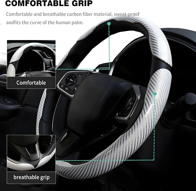 3PCS Carbon Fiber Steering Wheel Cover-Segmented Clip-On Design Anti-Slip & Scratch Resistant Universal Fit 14.5"-16" for Cars/Truck/SUV Great Gift for Men & Women