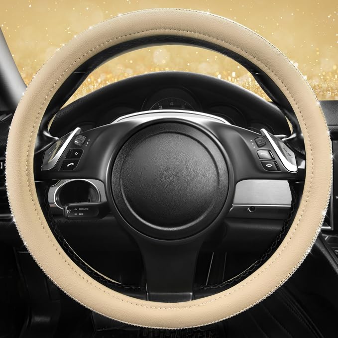 Bling Diamond Beige Leather Steering Wheel Cover, White Sparkly Crystal Glitter Rhinestones Universal Fit 14" 1/2-15" Car Wheel Protector for Women Girl Fit Suvs,Vans,Sedans,Trucks, Beige