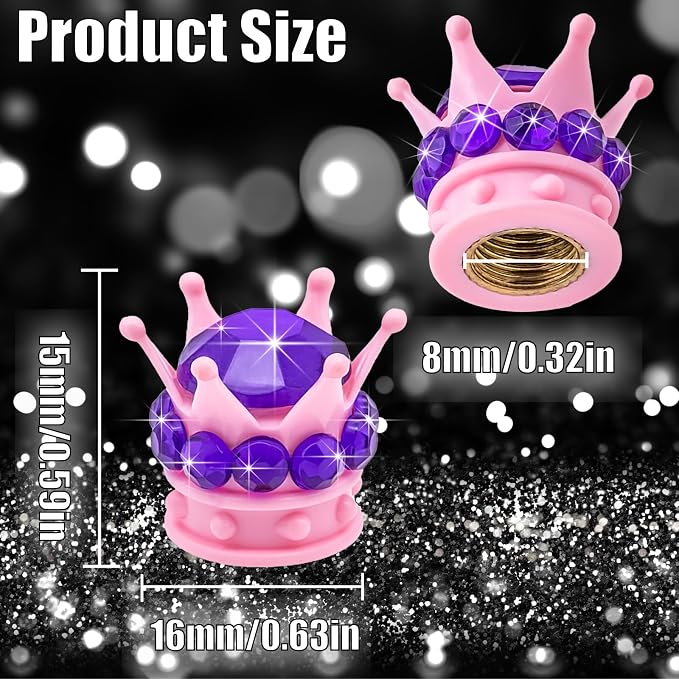 4PCS Crown Bling Tire Stem Valve Caps, Crystal Diamond Car Wheel Tire Valve Caps Universal Copper Core Stem Covers for Cars, SUV, Trucks, Bikes, Motorcycles, Bicycles (Pink & Purple)