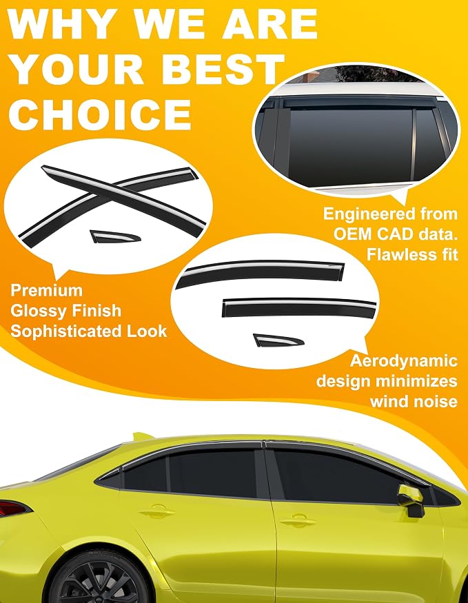 Rain Guards Fit for 2020-2026 Toyota Corolla Sedan, Out-Channel Low-Profile 6PC Window Rain Guard Side Window Visors Extra-Thick Vent Visor Window Deflectors Tape-on Vent Shades Car Accessories