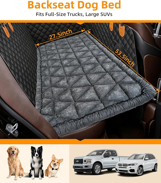 Backseat Pet Bed Mat, Non-Slip Dog Seat Cover with Scratch-Resistant Padding, Dog Bed for Cars, Trucks & SUVs, Universal Fit for Backseat Extenders (Gray)