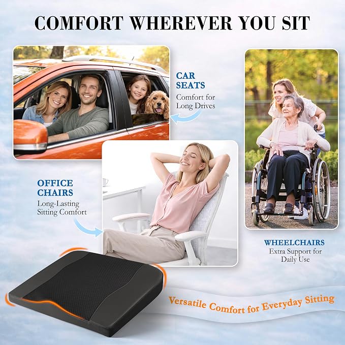 Car Seat Cushion, Comfort Memory Foam Car Cushions for Driving - Sciatica & Lower Back Pain Relief, Driver Seat Pillow for Auto, Office Chair, Wheelchair - Black