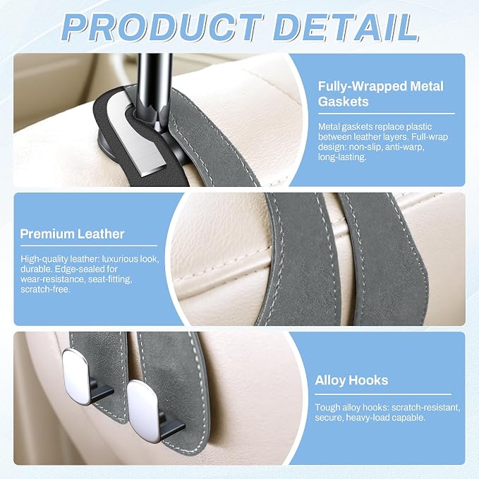 2PCS Car Purse Holder Hook, Seat Back Storage Hook, Leather-Wrapped Alloy Double Headrest Hook for Purses & Bags, Cute Car Interior Accessories for Women and Men, Gray