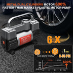 12V Heavy Duty Tire Inflator Metal Portable Air Compressor Pump | 6X Faster Inflation Double Cylinders 150PSI Air Pump with Adapter for Car, RV,Pickup Truck, SUV, Van,Camper, Air Bed,Ball