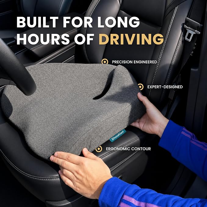 Car Seat Cushion for Long Driving – X Large Memory Foam Seat Cushion for Sciatica & Tailbone Pain Relief, Orthopedic Coccyx Cushion with Non-Slip Bottom, Back Pillow for Car, Truck (Black)