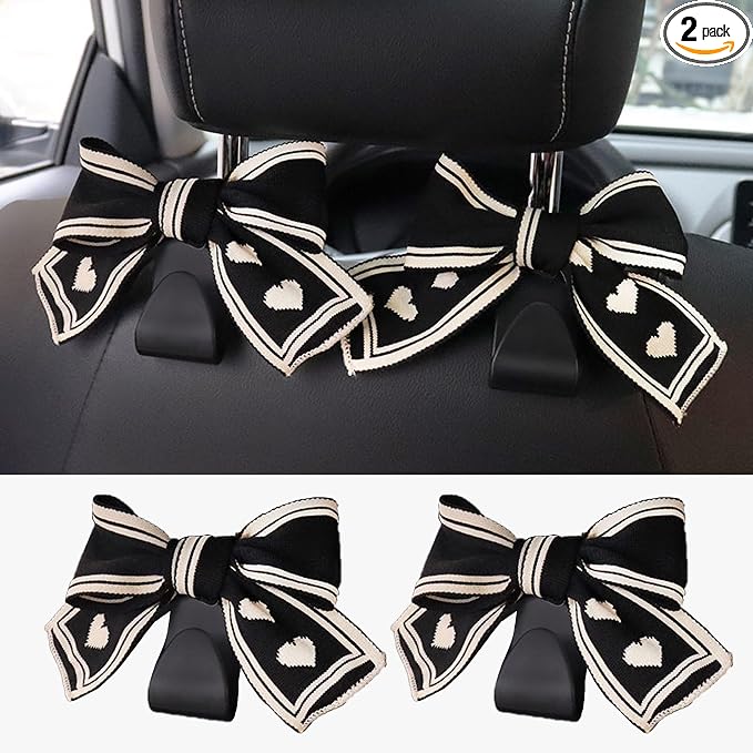 2PCS Car Seat Hooks, Cute Bow Car Seat Headrest Hooks for Purses, Bags, Umbrella, Universal Automotive Interior Decoration Accessoriesl for Vehicle, SUV, Sedan, Truck (Black Heart)