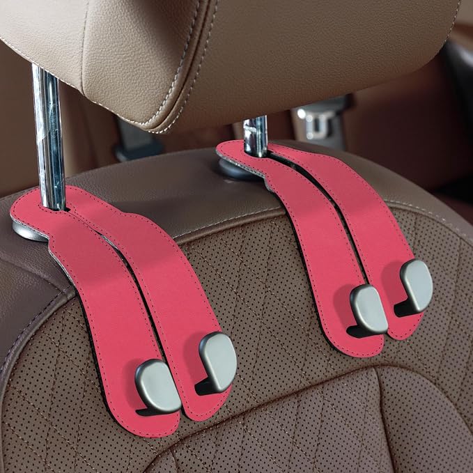 CoBak Purse Hook for Car - Universal Premium Stitched Leather and Aluminum-Magnesium Alloy Double Car Seat Back Storage Hook for Purses, Handbags, Bags (2 Pack),Raspberry