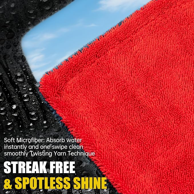 3-Pack Car Drying Towel-Microfiber Extra Large Towels for Cars(59"x24"), Ultra-Absorbent, Scratch & Streak Free, 1300 GSM, Twisted-Loop Cleaning Cloth for Truck, SUV, Car Accessories, Red