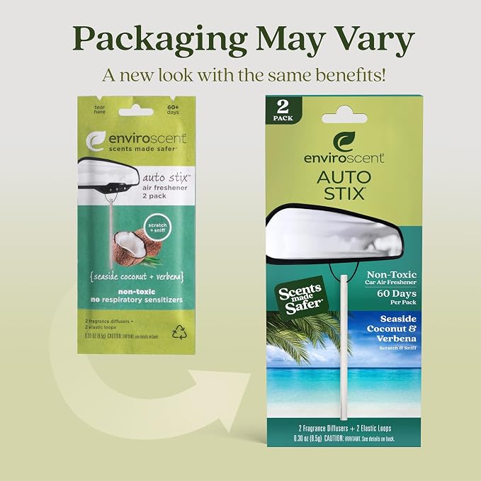 Non-Toxic* Car Air Freshener Auto Stix® - Scents Made Safer - Enjoy Fragrance Lasts Up to 480 Days - Includes Auto Stix® Diffusers & Elastic Loops - Seaside Coconut & Verbena (Pack of 8)