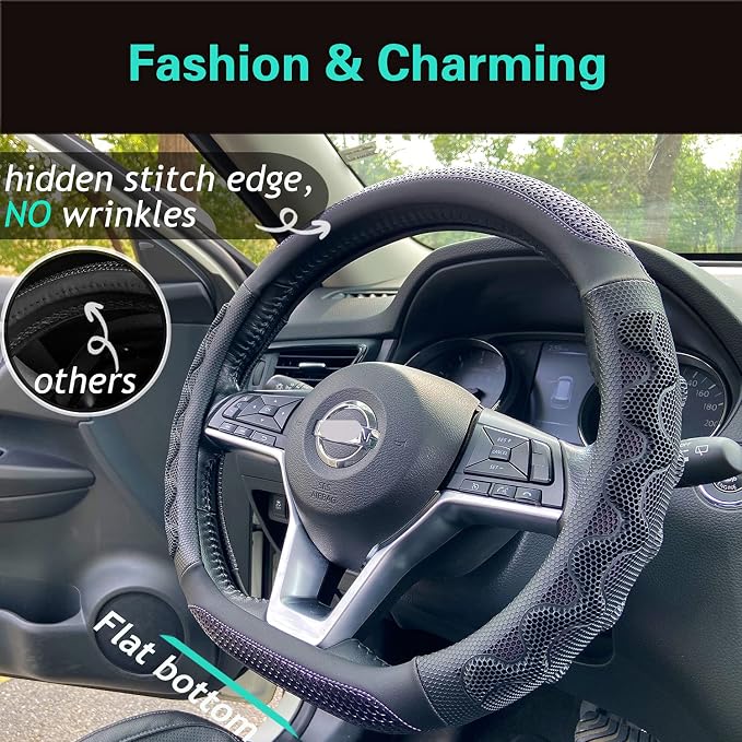 D Shaped 14.5-15 Inch Steering Wheel Cover Great Grip with 3D Honeycomb Anti-Slip Design, Flat Bottom 14.5-15 Inch (Purple)