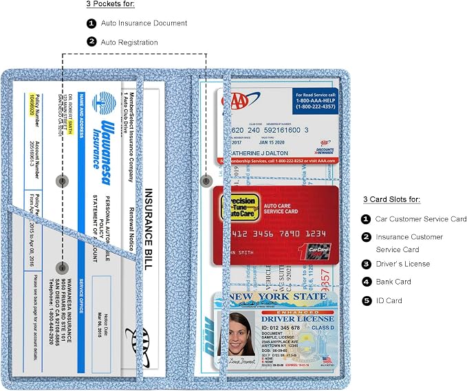 Car Registration and Insurance Card Holder, Vehicle License Document Glove Box Compartment Organizer, Essential Car Wallet Case for Driver Auto Owners (M Light Blue)