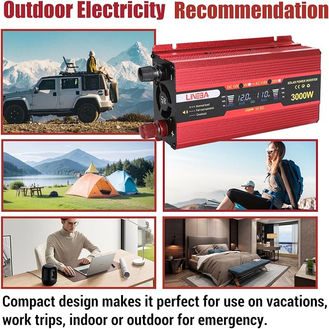 3000 Watt Power Inverter with LED Display,Dual AC Outlets,USB Port, 12V DC to 110V AC Converter Car Power Inverter for Vehicles, Car, RV, Truck, Off Grid Solar System, Outdoor Camping