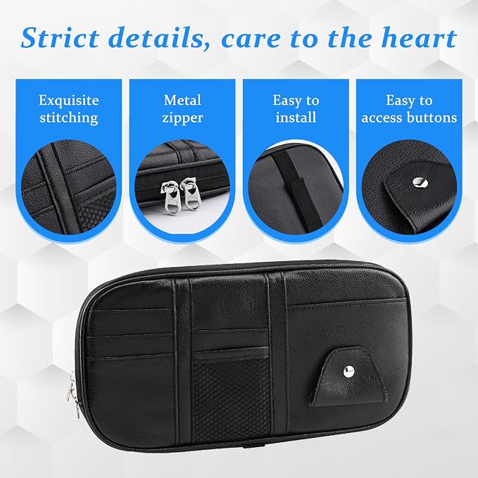 Car Sun Visor Organizer, Sunglass Holder and Storage Pocket, Card Cash Pouch with Multi-Pocket Net Zipper, Case Bag for License Pen Key, Auto Accessories for Truck, SUV, Van (Black)