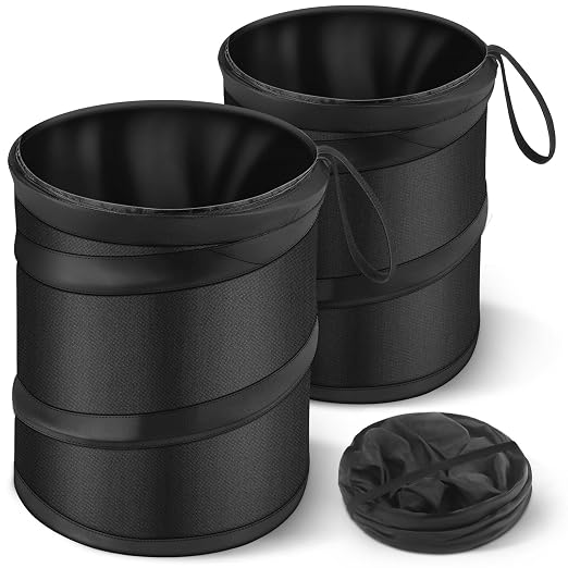 2 Pack Mini Trash Can for Car, Leakproof Pop-Up Car Trash Can with Hanging Loop, Washable Small Garbage Can Hanging Automotive Garbage Cans Trash Bin for Truck Auto SUV Vehicle RV Camping, 1 Gallon
