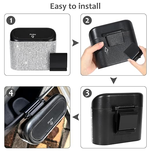 Bling Car Trash Can with Lid, Mini Auto Garbage Storage Bin with 60pcs Garbage Bags, Sparkling Crystal Trash Bags Holder Dustbin Vehicle Accessories Container Organizer (White Rhinestone)