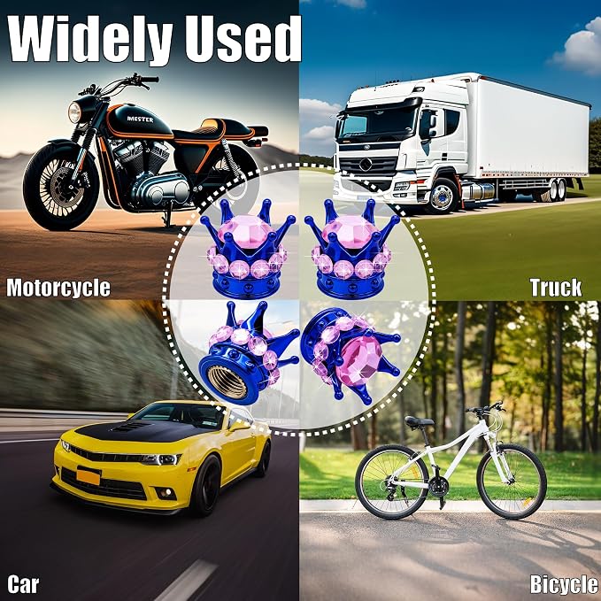 4PCS Crown Bling Tire Stem Valve Caps, Crystal Diamond Car Wheel Tire Valve Caps Universal Copper Core Stem Covers for Cars, SUV, Trucks, Bikes, Motorcycles, Bicycles (Blue & Pink)