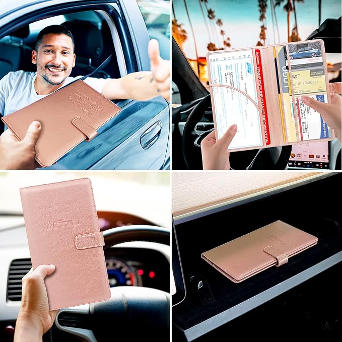 Car Registration and Insurance Holder, Leather Car Glove Box Organizer, Cool Car Accessories for ID, Driver's License Cards & Essential Document, Men&Women, Rose Gold