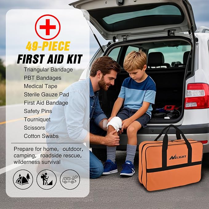 Car Emergency Kit with Jumper Cable, First Aid Kit Safety Assistance Tools for Travel Camping Outdoor Cars Truck SUV RV, Roadside Essentials with Flash Light