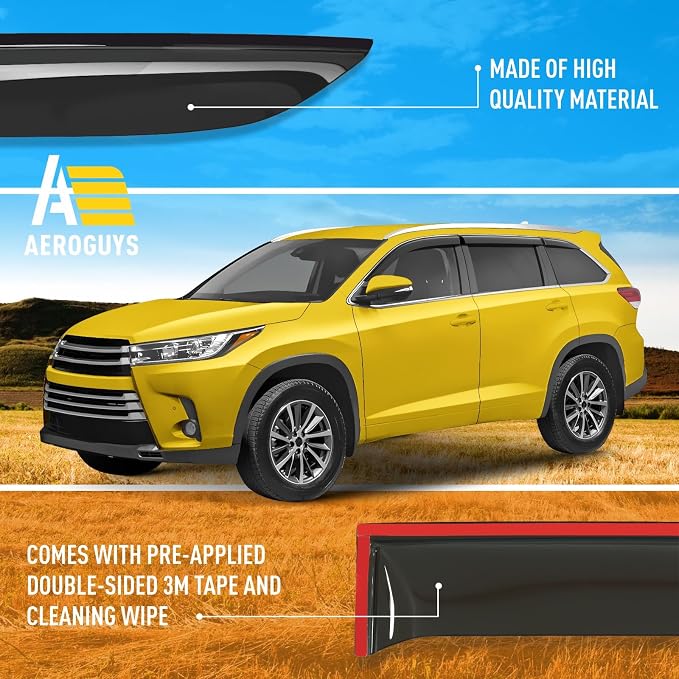 Extra Durable Window Deflectors Tape-On Window Visors Rain Guards Fit for Toyota Highlander 2014-2019, Sun Visors, Wind Vent for Shades, Exterior Car Accessories - 6pcs. AG0226