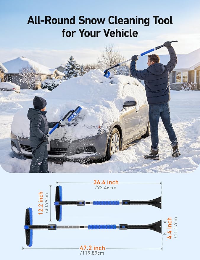 47.2" Ice Scrapers for Car Windshield and Extendable Snow Scraper with Foam Grip and 360° Pivoting Brush Head for Christmas Car Auto Truck SUV(Blue)