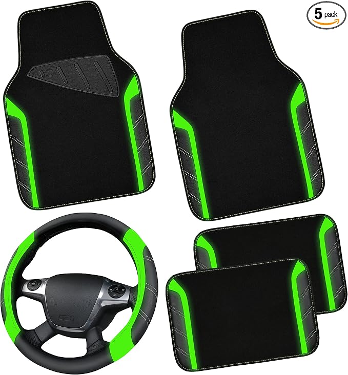 Leather Steering Wheel Cover and Waterproof Car Floor Mats,Microfiber Universal Car Combo Fit for 95% Sedan,SUV,Cars,14.5-15inch Sporty Anti-Slip Comfortable Design(Black＆Fluorescence Green)