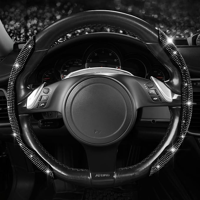 2PCS Bling Diamond Segmented Steering Wheel Cover with Crystal Rhinestones, Wheel Protector Non-Slip Cute Car Accessories Universal Fit D-Shape O-Shape 14.5" to 16" for Women, Black Diamond