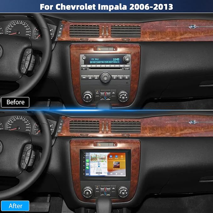 Car Stereo Radio for Chevy Impala 2006 2007 2008 2009 2010 2011 2012 2013, 7" Touchscreen Android 14 Car Radio Stereo Head Unit with CarPlay Android Auto GPS Navi SWC DSP FM WiFi Bluetooth Camera