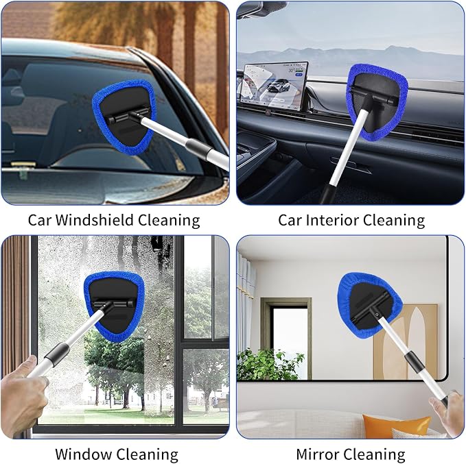 Windshield Cleaning Tool, 23-inch Extendable Handle Car Window Cleaner with 4 Reusable and Washable Microfiber Pads, Auto Glass Wiper Kit for Interior & Exterior, Ideal for Dirty Car Windows, Blue