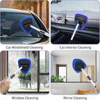 Windshield Cleaning Tool, 23-inch Extendable Handle Car Window Cleaner with 4 Reusable and Washable Microfiber Pads, Auto Glass Wiper Kit for Interior & Exterior, Ideal for Dirty Car Windows, Blue