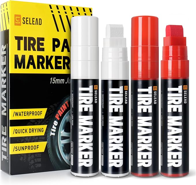 Jumbo Tire Marker White Red - 4 Pack 15mm Wide Tip Paint Pens for Car Tires Lettering, Large Capacity Premium Ink Waterproof Permanent Markers